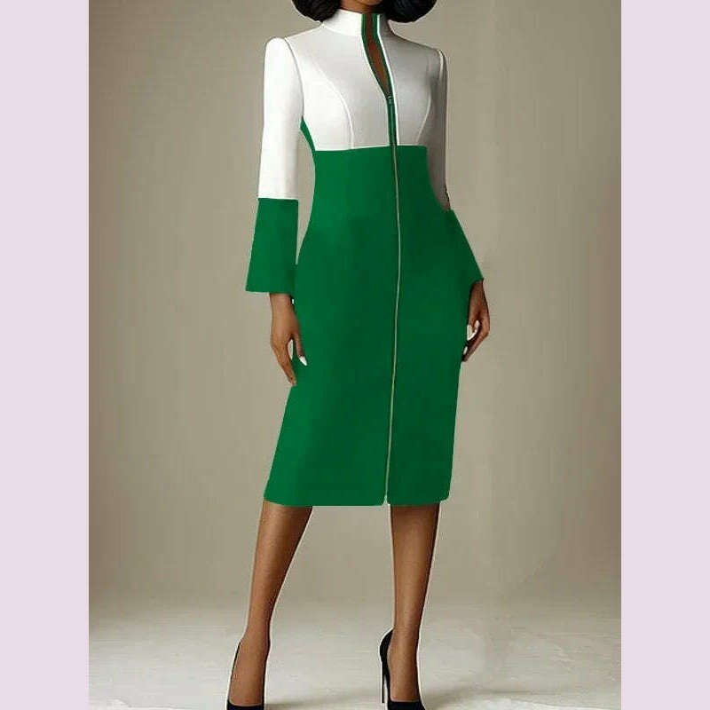 krisstar-2025-new-womens-bodycon-dresses-contrast-color-v-neck-with-zipper-long-sleeves-formal-occasion-office-midi-dresses-kimlud-kimlud-33566815