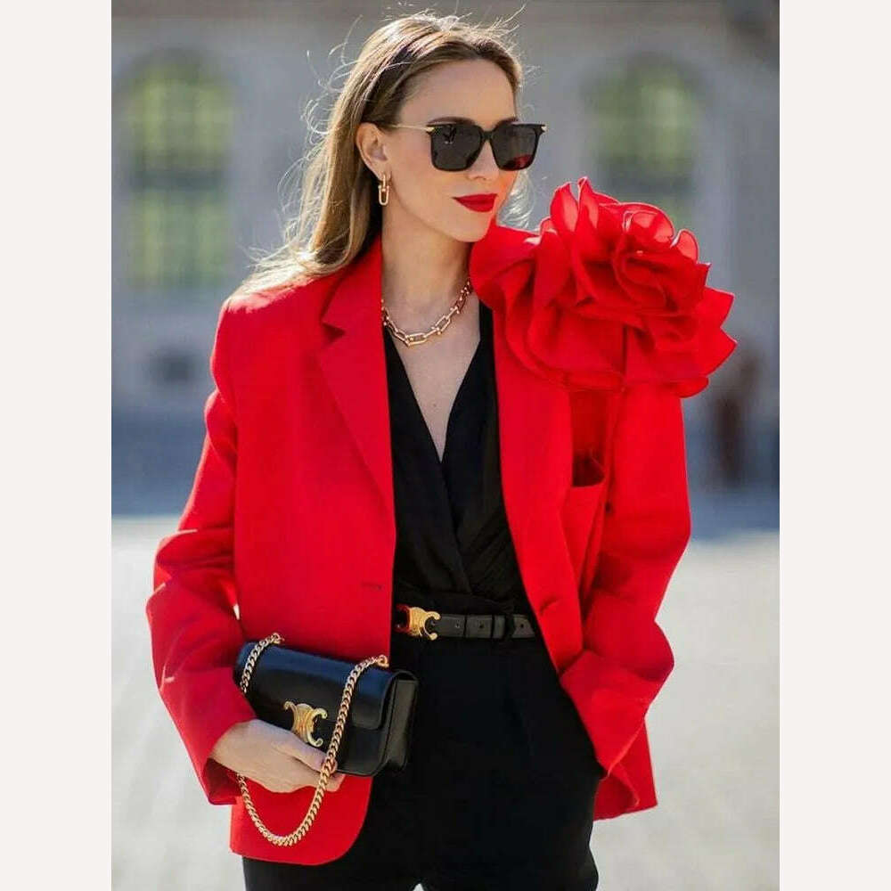 KIMLUD, Kritt 2023 New Women's Fashion 3D Flower Decoration Single Breast High Street Fashion Red Black Suit Sexy Blazer, KIMLUD Womens Clothes