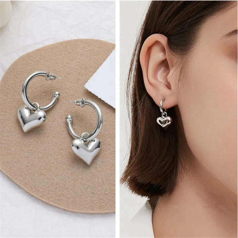 KIMLUD, Kshmir Heart-shaped stud metal Pendant Women&#39;s Earrings 2023 new fashion jewelry women&#39;s C-shaped earrings gift, Platinum Plated, KIMLUD Women's Clothes