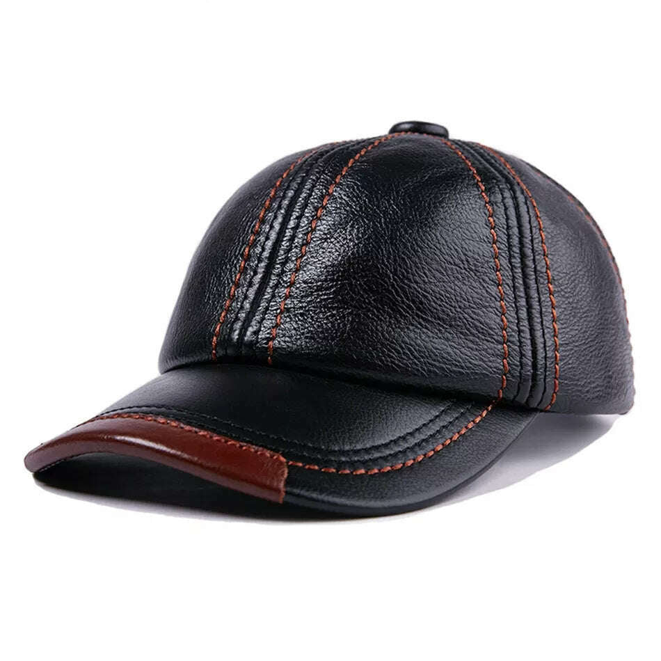 LA SPEZIA Genuine Leather Baseball Cap Men Black Cowhide Hat Snapback Male Adjustable Autumn Winter Real Leather Peaked Hats - KIMLUD