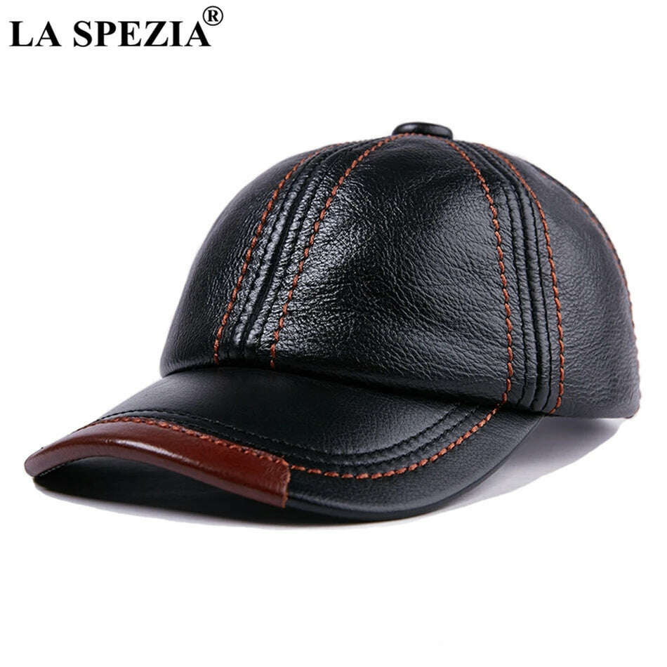 LA SPEZIA Genuine Leather Baseball Cap Men Black Cowhide Hat Snapback Male Adjustable Autumn Winter Real Leather Peaked Hats, Black / one size, KIMLUD Women's Clothes
