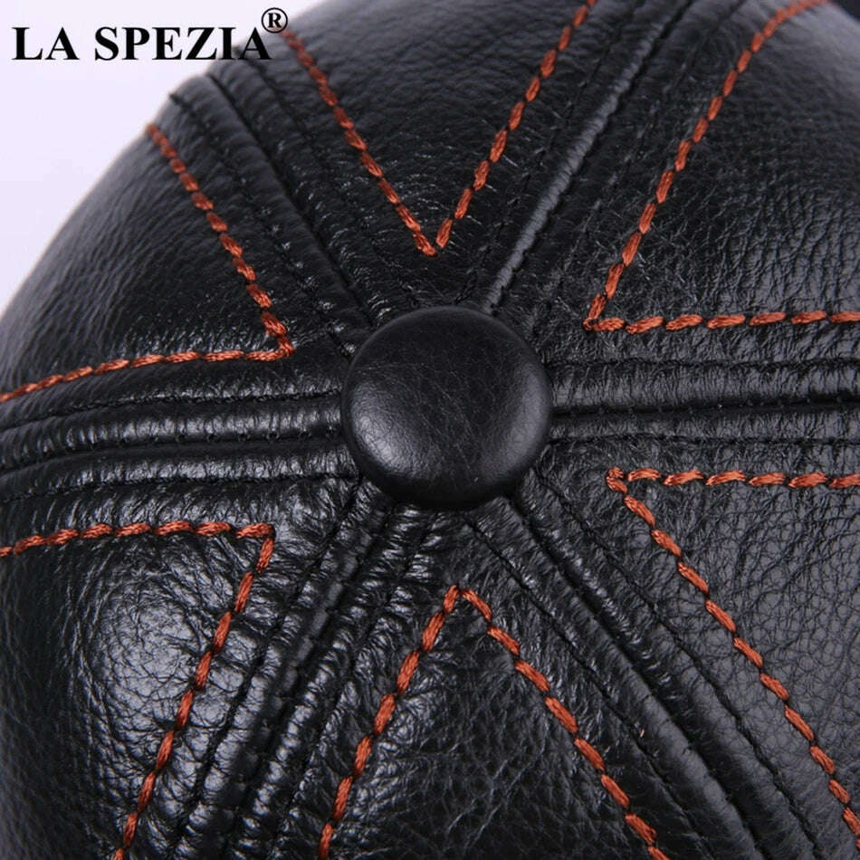 LA SPEZIA Genuine Leather Baseball Cap Men Black Cowhide Hat Snapback Male Adjustable Autumn Winter Real Leather Peaked Hats, KIMLUD Women's Clothes