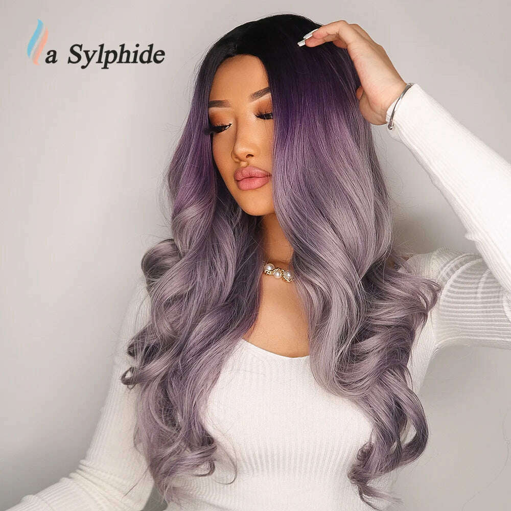 KIMLUD, La Sylphide Long Wavy Ombre Purple Synthetic Wigs for Women Heat Resistant Natural Middle Part Cosplay Party Lolita Hair Wigs, KIMLUD Womens Clothes