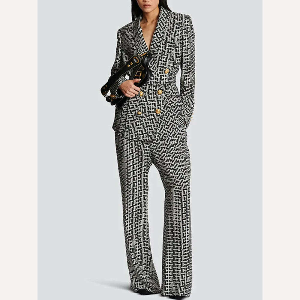 KIMLUD, Labyrinth Print Pant Suits Women New Double Breasted Mid Length Business Wear Suit Coat Jacket Straight Leg Pants Outfits, 2 piece set / S, KIMLUD APPAREL - Womens Clothes