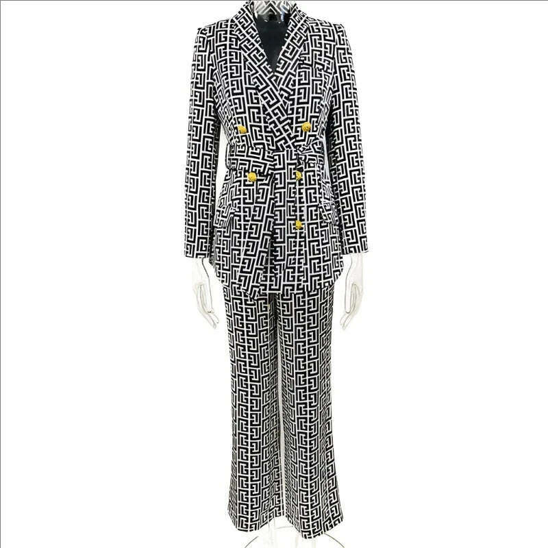 KIMLUD, Labyrinth Print Pant Suits Women New Double Breasted Mid Length Business Wear Suit Coat Jacket Straight Leg Pants Outfits, KIMLUD Women's Clothes
