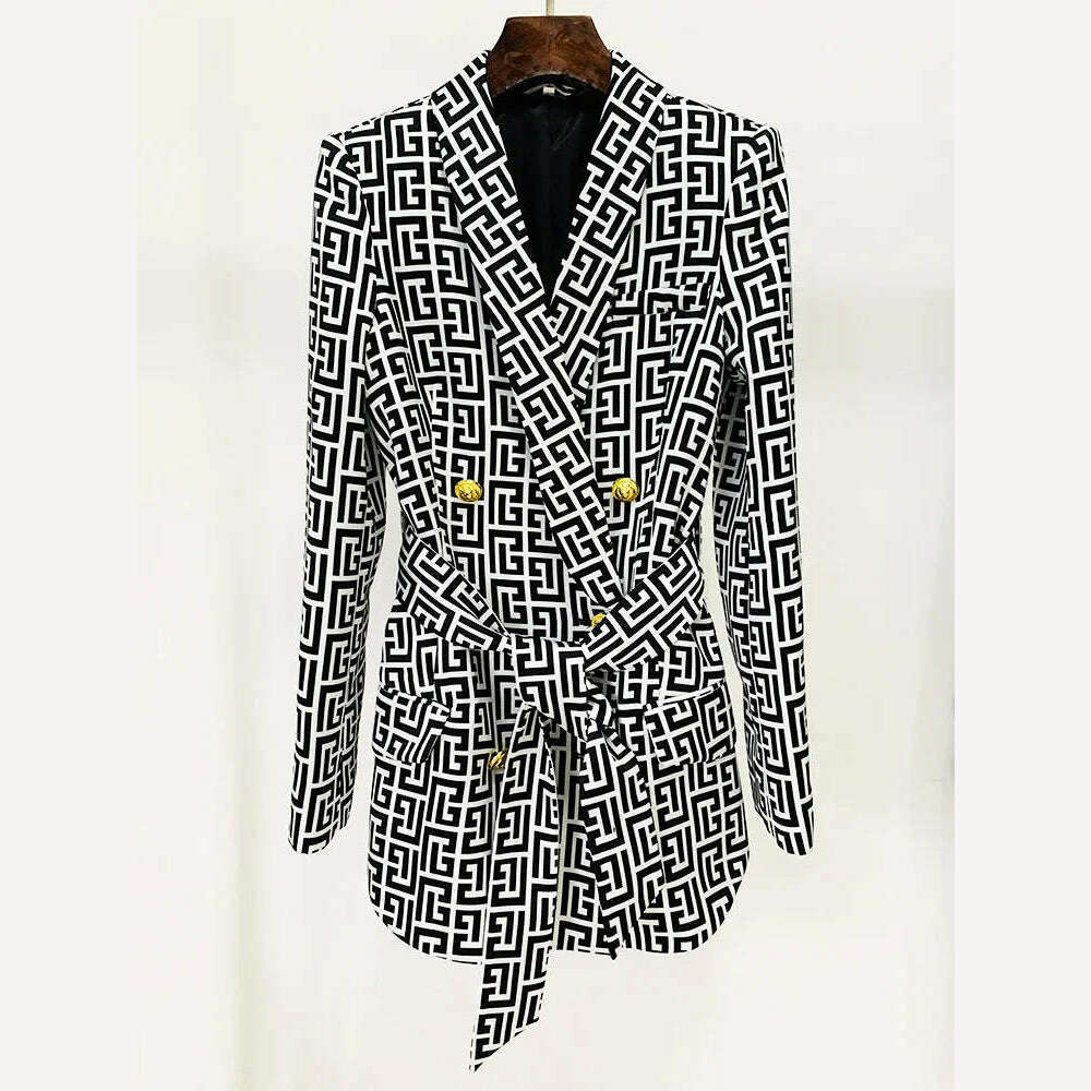 KIMLUD, Labyrinth Print Pant Suits Women New Double Breasted Mid Length Business Wear Suit Coat Jacket Straight Leg Pants Outfits, KIMLUD Women's Clothes