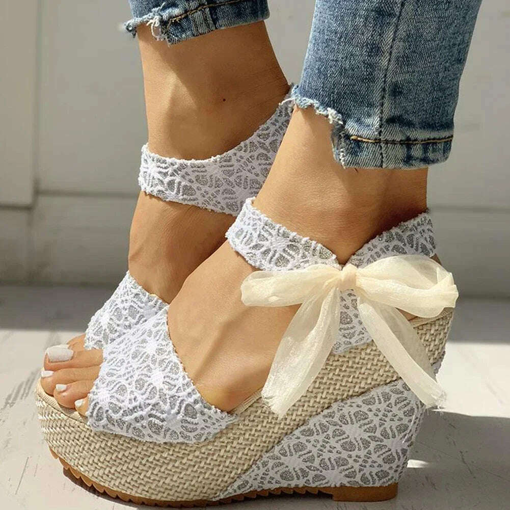 KIMLUD, Lace Leisure Women Wedges Heeled Women Shoes 2024 Summer Sandals Party Platform High Heels Shoes Woman, Silver / 35, KIMLUD Womens Clothes