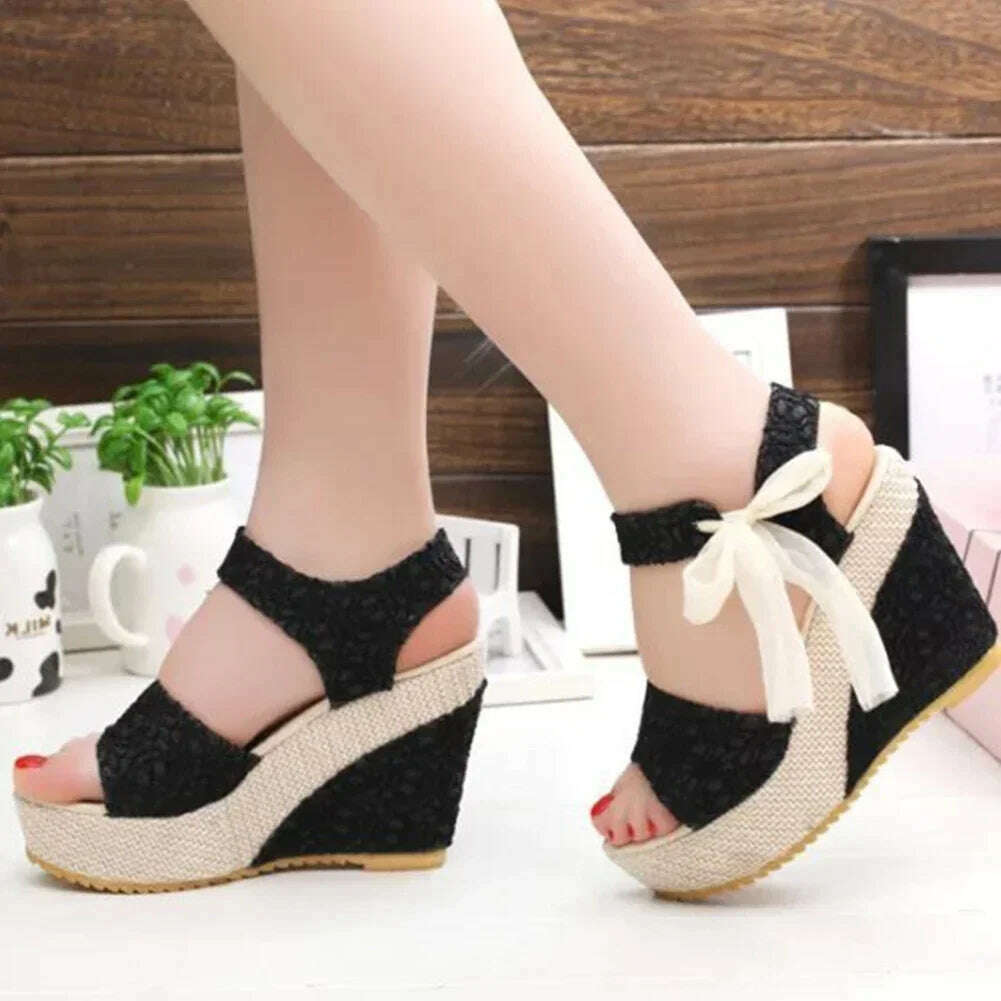 KIMLUD, Lace Leisure Women Wedges Heeled Women Shoes 2024 Summer Sandals Party Platform High Heels Shoes Woman, black / 35, KIMLUD Womens Clothes
