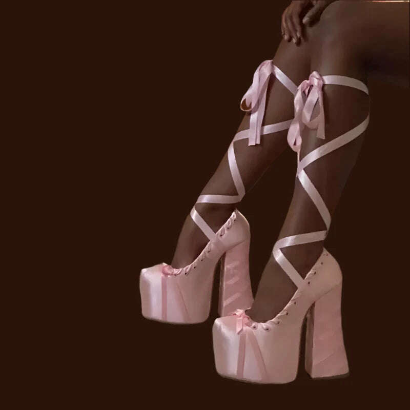 Lace Up Cross Straps Bow Lolita Shoes Women Platform Satin Sandals Sweet High Block Heels Square Toe Thick Bottom Women Pumps - KIMLUD