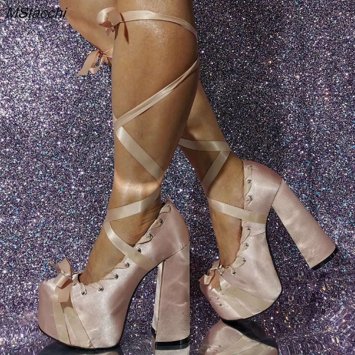 Lace Up Cross Straps Bow Lolita Shoes Women Platform Satin Sandals Sweet High Block Heels Square Toe Thick Bottom Women Pumps - KIMLUD