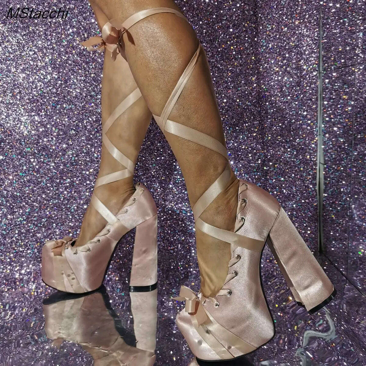 Lace Up Cross Straps Bow Lolita Shoes Women Platform Satin Sandals Sweet High Block Heels Square Toe Thick Bottom Women Pumps - KIMLUD