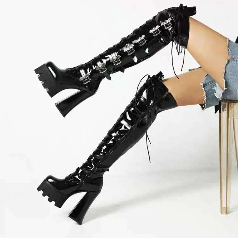 Lace-Up Metal Buckle Decoration Over-Knee Boots Leather Thick High-Heeled Platform Side Zipper Women's Shoes Large Size 40-43 - KIMLUD