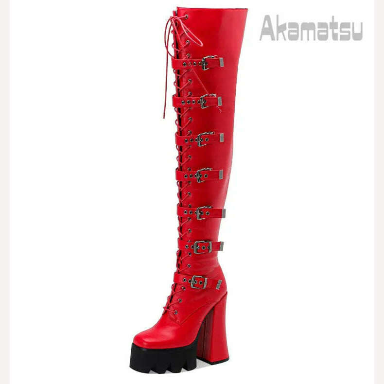 KIMLUD, Lace-Up Metal Buckle Decoration Over-Knee Boots Leather Thick High-Heeled Platform Side Zipper Women's Shoes Large Size 40-43, KIMLUD Womens Clothes