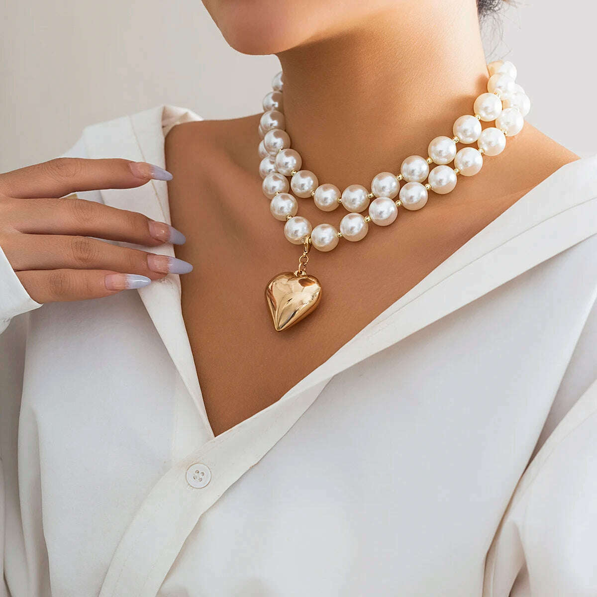 Lacteo Exaggerated Imitation Pearl Beads Necklace for Women CCB Big Heart Pendant Choker Jewelry On The Neck Collar Party Girls - KIMLUD