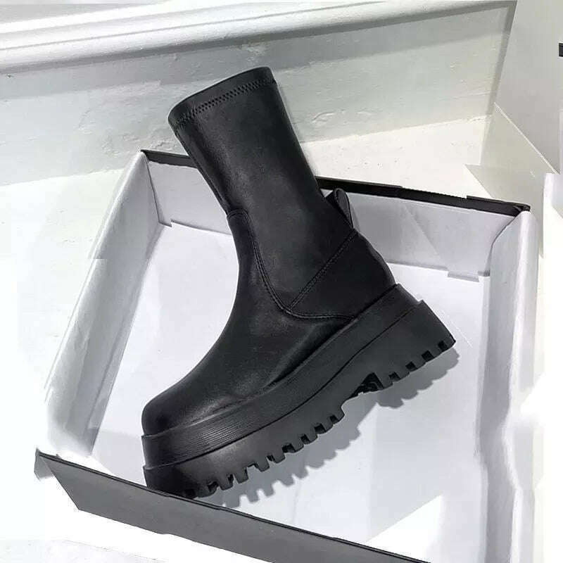 Ladies 2022 Women&#39;s Platform Chelsea Black Mid Calf Boots Pipe Autumn Winter Flat Short Leather Rubber Comfortable - KIMLUD