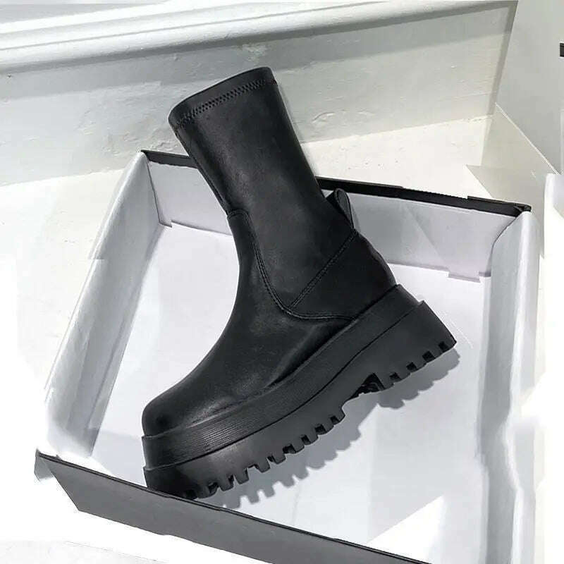 Ladies 2022 Women&#39;s Platform Chelsea Black Mid Calf Boots Pipe Autumn Winter Flat Short Leather Rubber Comfortable - KIMLUD