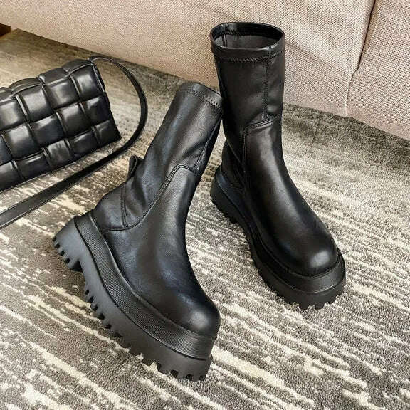 Ladies 2022 Women&#39;s Platform Chelsea Black Mid Calf Boots Pipe Autumn Winter Flat Short Leather Rubber Comfortable - KIMLUD