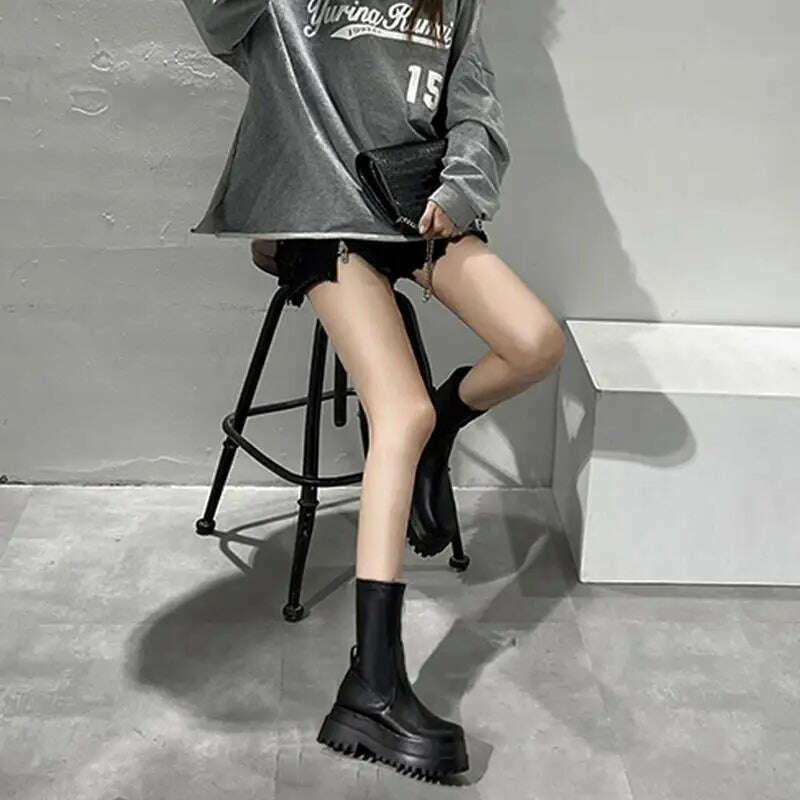 Ladies 2022 Women&#39;s Platform Chelsea Black Mid Calf Boots Pipe Autumn Winter Flat Short Leather Rubber Comfortable - KIMLUD
