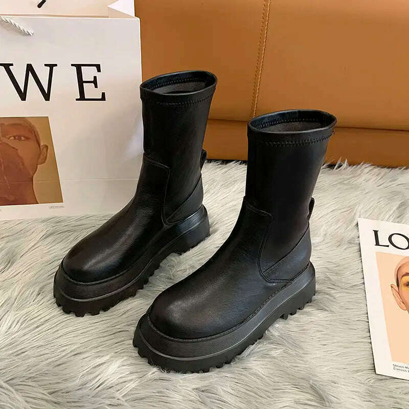 Ladies 2022 Women&#39;s Platform Chelsea Black Mid Calf Boots Pipe Autumn Winter Flat Short Leather Rubber Comfortable - KIMLUD