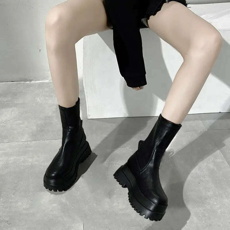 KIMLUD, Ladies 2022 Women&#39;s Platform Chelsea  Black Mid Calf Boots Pipe Autumn Winter Flat Short Leather Rubber Comfortable, KIMLUD Womens Clothes