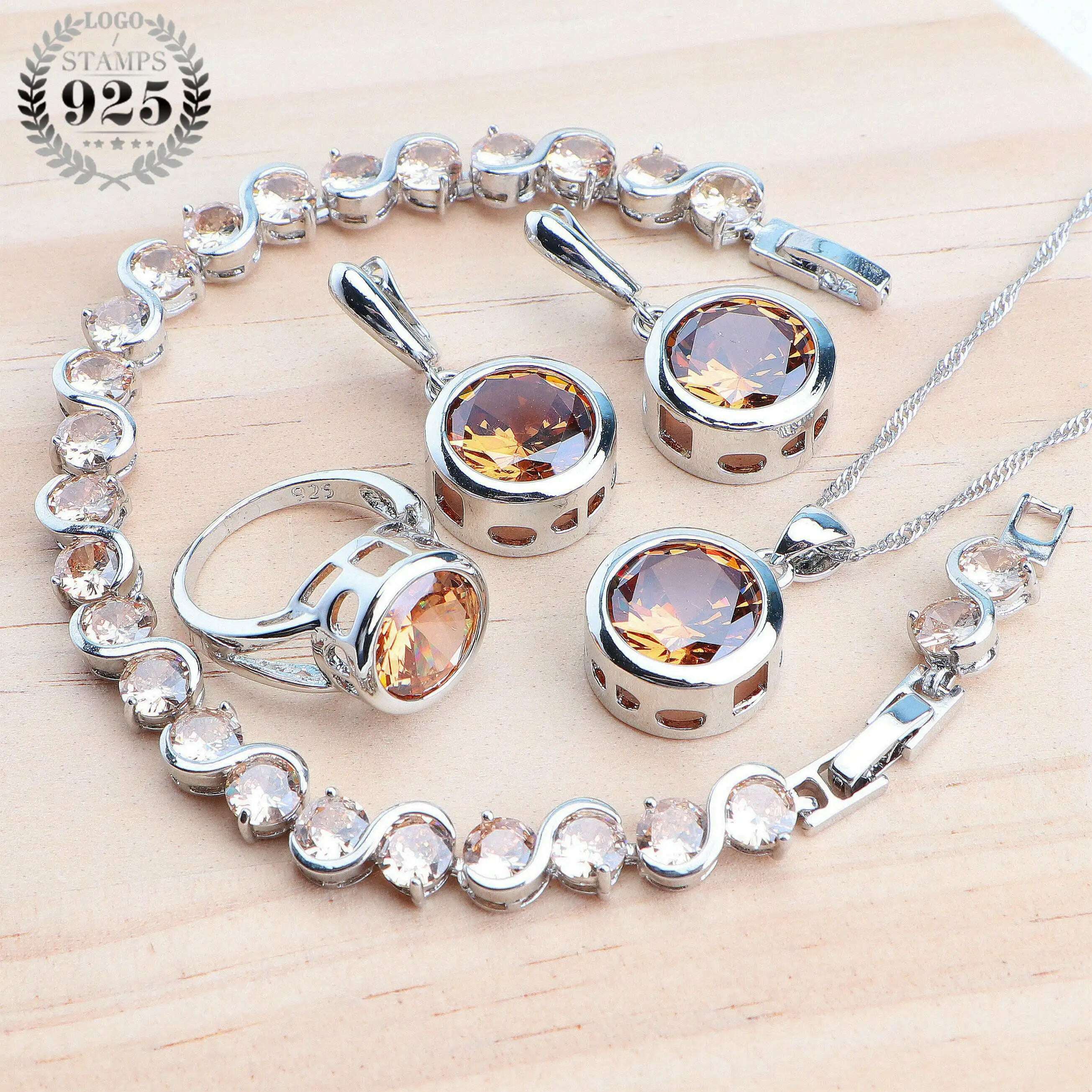 KIMLUD, Ladies 925 Silver Jewelry Sets Champagne Zircon For Women Wedding Jewelry Rings Bracelets Stones Earrings Pendant Necklace Set, 4PCS-Champagne / 6, KIMLUD Womens Clothes