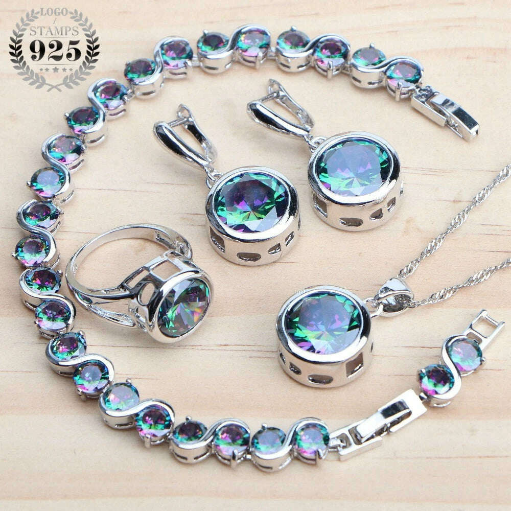 KIMLUD, Ladies 925 Silver Jewelry Sets Champagne Zircon For Women Wedding Jewelry Rings Bracelets Stones Earrings Pendant Necklace Set, 4PCS-Natural Rainbow / 6, KIMLUD Women's Clothes