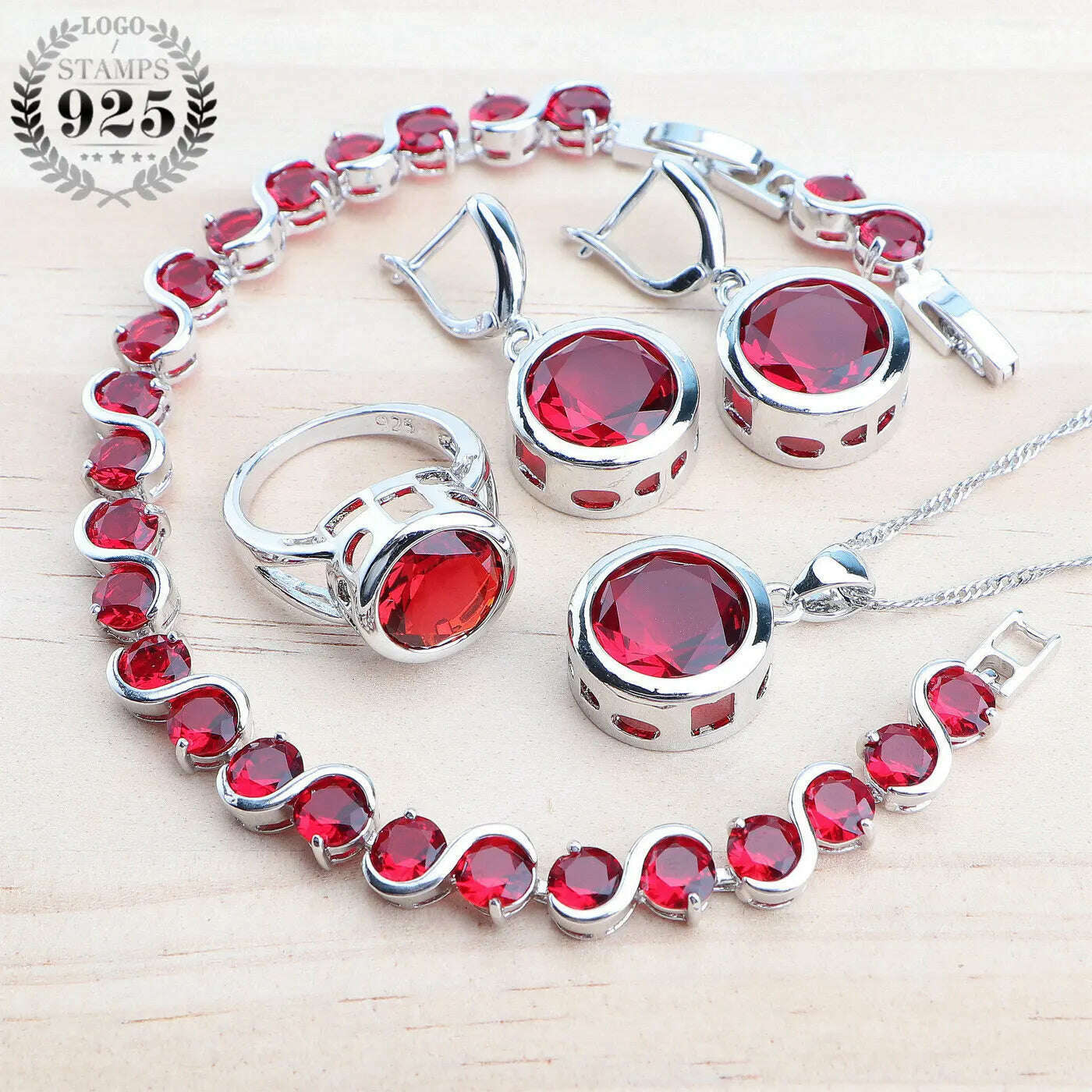 KIMLUD, Ladies 925 Silver Jewelry Sets Champagne Zircon For Women Wedding Jewelry Rings Bracelets Stones Earrings Pendant Necklace Set, 4PCS-Red / 6, KIMLUD Womens Clothes