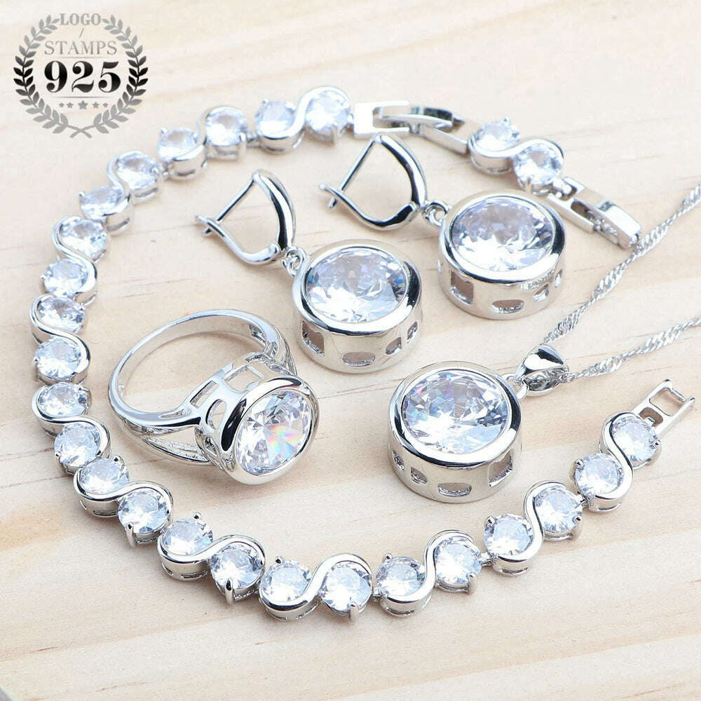KIMLUD, Ladies 925 Silver Jewelry Sets Champagne Zircon For Women Wedding Jewelry Rings Bracelets Stones Earrings Pendant Necklace Set, 4PCS-White / 6, KIMLUD Womens Clothes