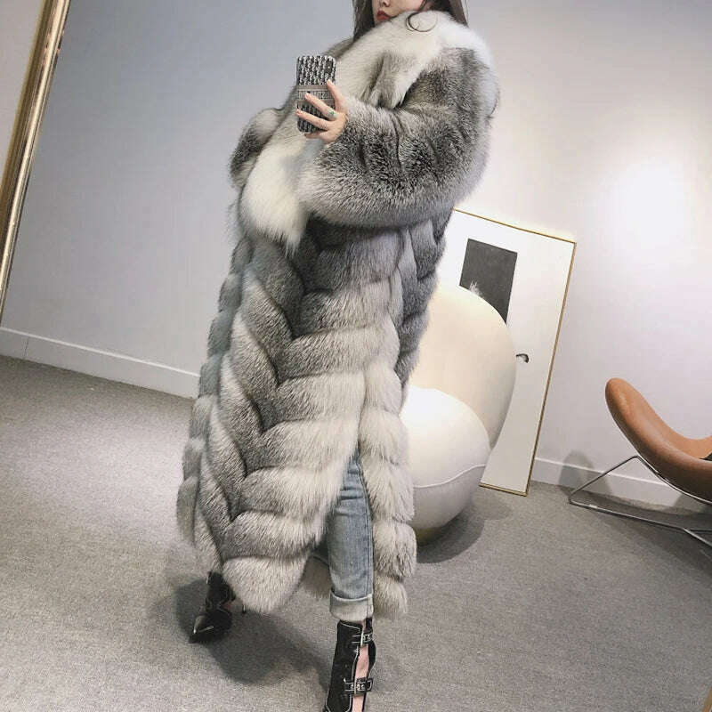 KIMLUD, Ladies Long Fur Coat Hooded Women Real Fox Fur Jacket Long New Arrival Long Fur Coat, KIMLUD Womens Clothes