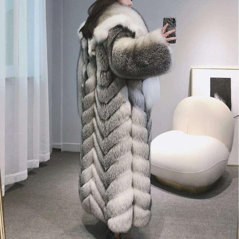 KIMLUD, Ladies Long Fur Coat Hooded Women Real Fox Fur Jacket Long New Arrival Long Fur Coat, KIMLUD Womens Clothes