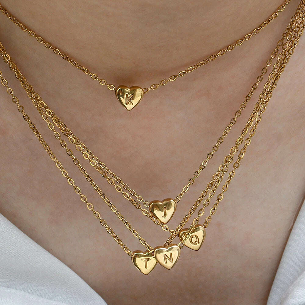 Ladies Minimalist Small Love Initial Necklace Jewelry Stainless Steel 18k Gold Plated Mini Heart Shape Letter Pendant Necklace, KIMLUD Women's Clothes