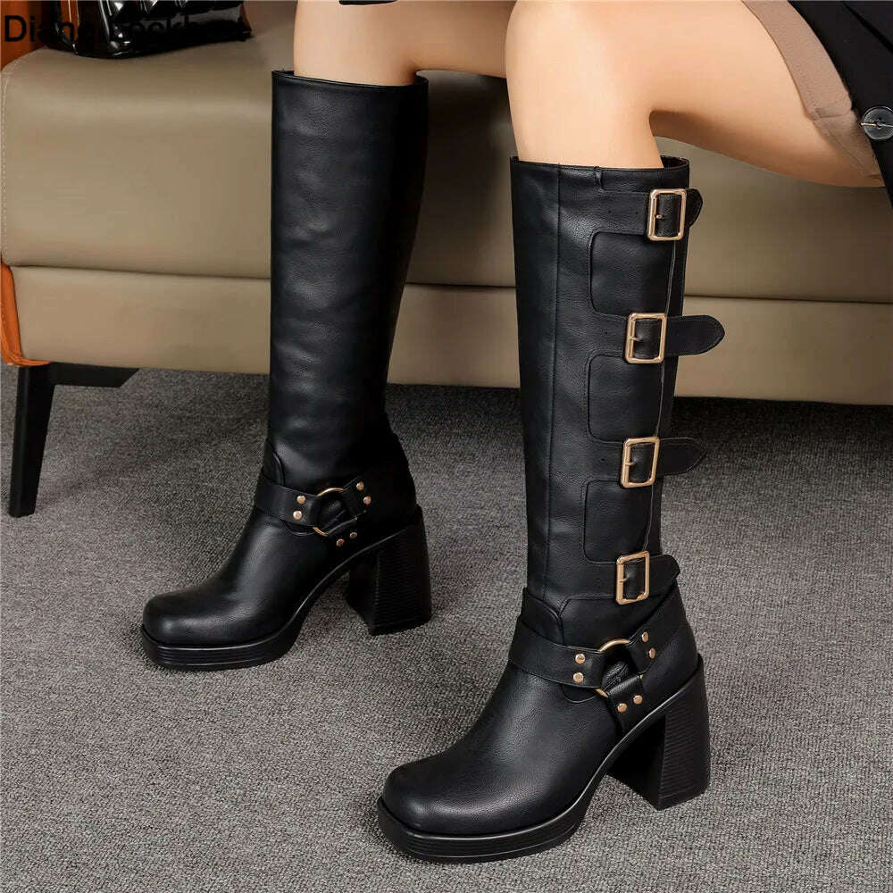 KIMLUD, Ladies Motorcycle Booties Punk Style High Heel Shoes Autumn Winter Gothic Platforms Woman Buckle Square Toe Knee-High Boots, KIMLUD Women's Clothes