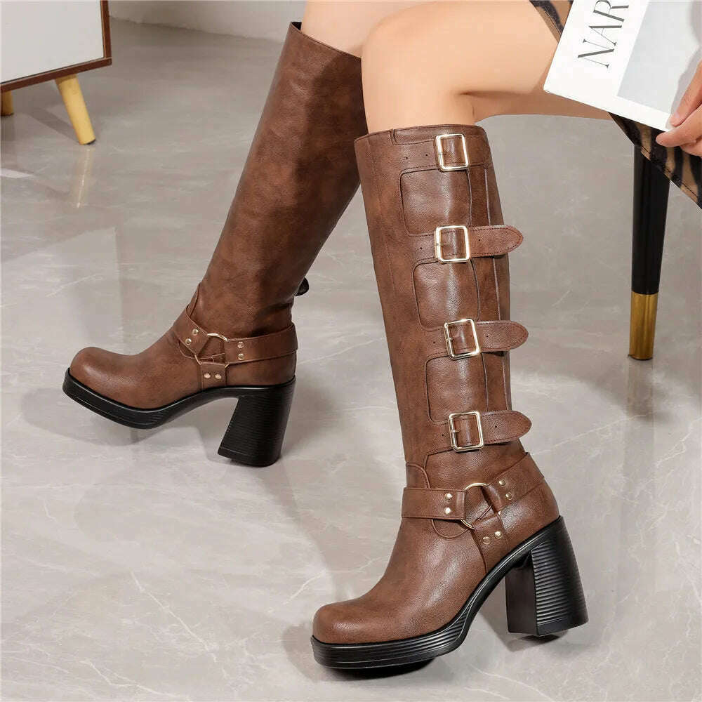 KIMLUD, Ladies Motorcycle Booties Punk Style High Heel Shoes Autumn Winter Gothic Platforms Woman Buckle Square Toe Knee-High Boots, KIMLUD Womens Clothes