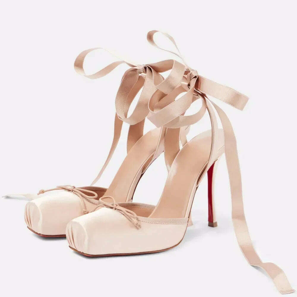 KIMLUD, Ladies' New Summer Square Satin High-heeled Sandals with Ankle Straps, Fashionable Party and Banquet Ballet High-heeled Shoes, KIMLUD Womens Clothes