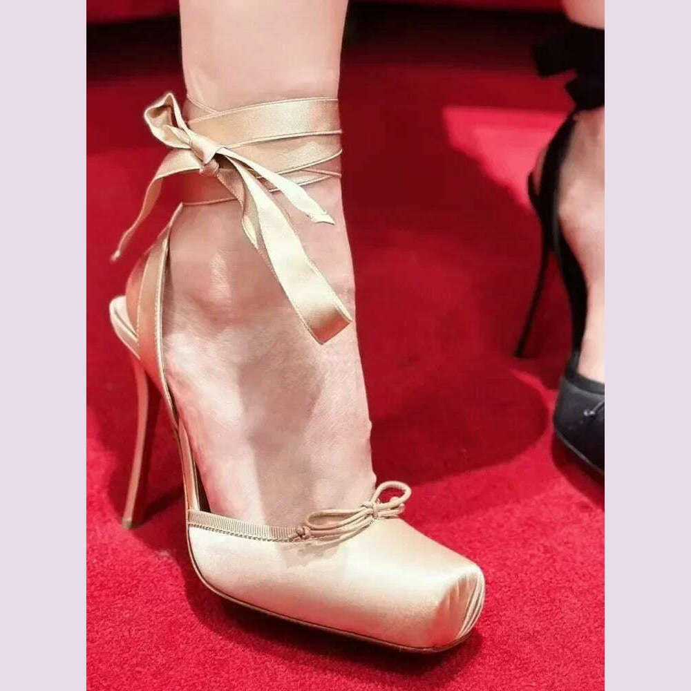 KIMLUD, Ladies' New Summer Square Satin High-heeled Sandals with Ankle Straps, Fashionable Party and Banquet Ballet High-heeled Shoes, KIMLUD Womens Clothes
