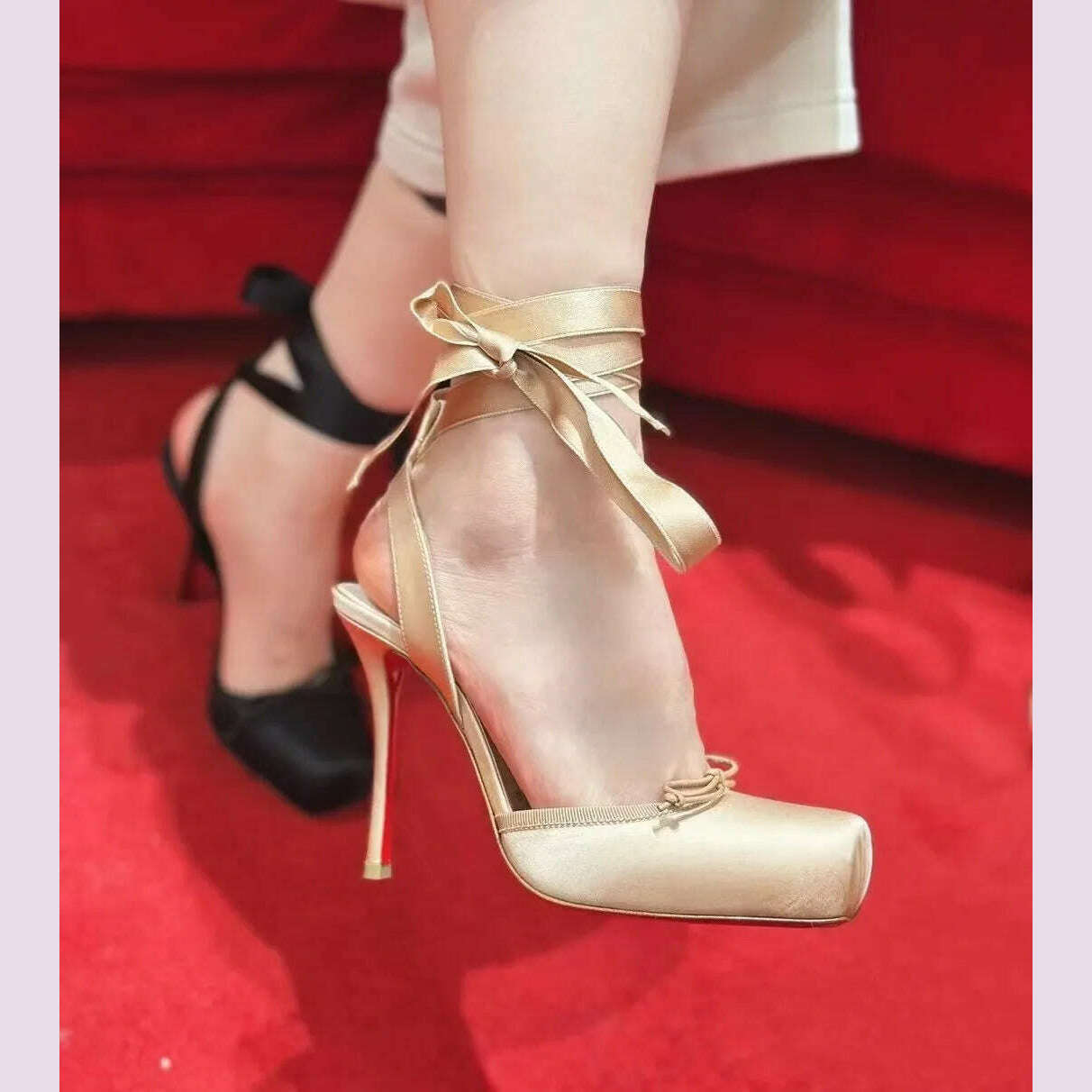 KIMLUD, Ladies' New Summer Square Satin High-heeled Sandals with Ankle Straps, Fashionable Party and Banquet Ballet High-heeled Shoes, KIMLUD Womens Clothes