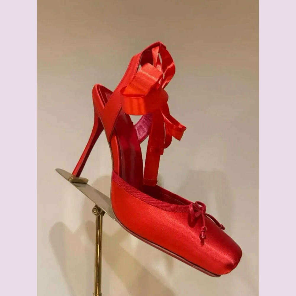 KIMLUD, Ladies' New Summer Square Satin High-heeled Sandals with Ankle Straps, Fashionable Party and Banquet Ballet High-heeled Shoes, red / 40, KIMLUD APPAREL - Womens Clothes