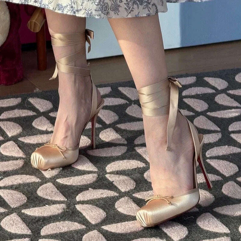 KIMLUD, Ladies' New Summer Square Satin High-heeled Sandals with Ankle Straps, Fashionable Party and Banquet Ballet High-heeled Shoes, KIMLUD Womens Clothes