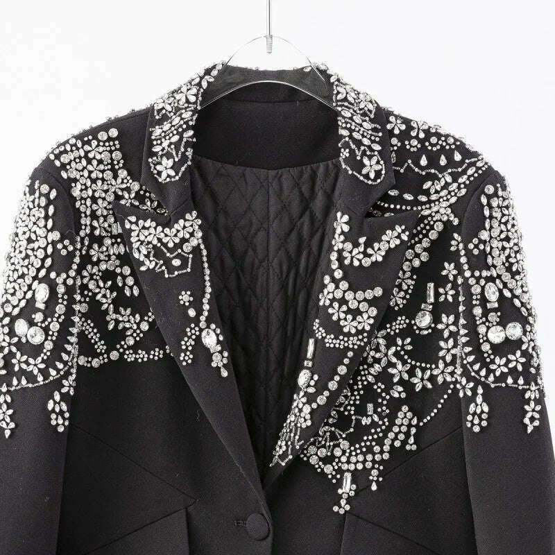 KIMLUD, Ladies Office Black Single Button Blazers Crystal Diamonds Banquet Elegant Luxury Suit Jacket Slim Fit Long Sleeve Women Blazer, KIMLUD Womens Clothes