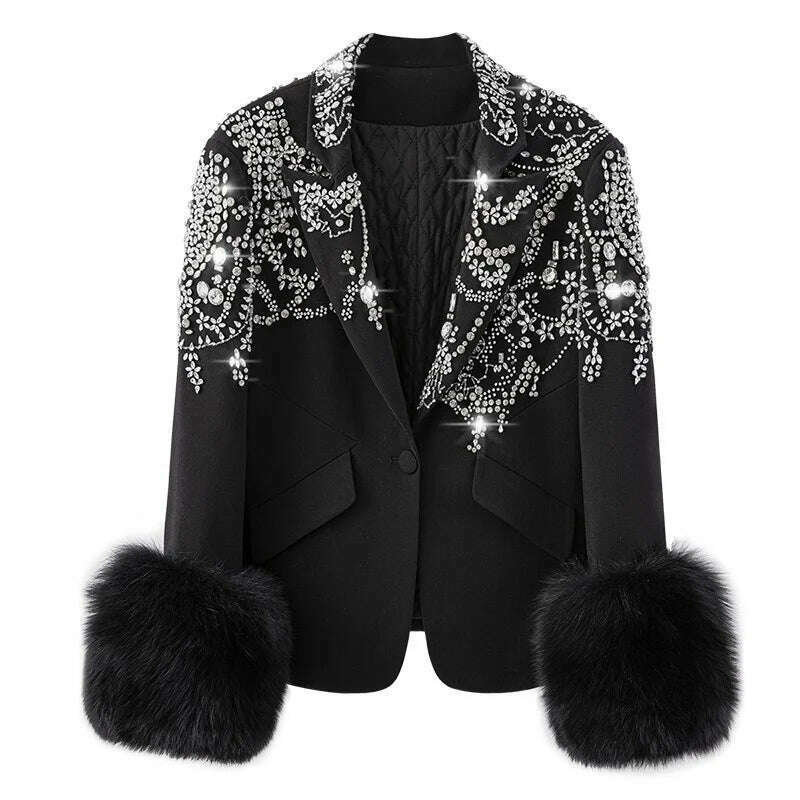KIMLUD, Ladies Office Black Single Button Blazers Crystal Diamonds Banquet Elegant Luxury Suit Jacket Slim Fit Long Sleeve Women Blazer, Black / S, KIMLUD Womens Clothes