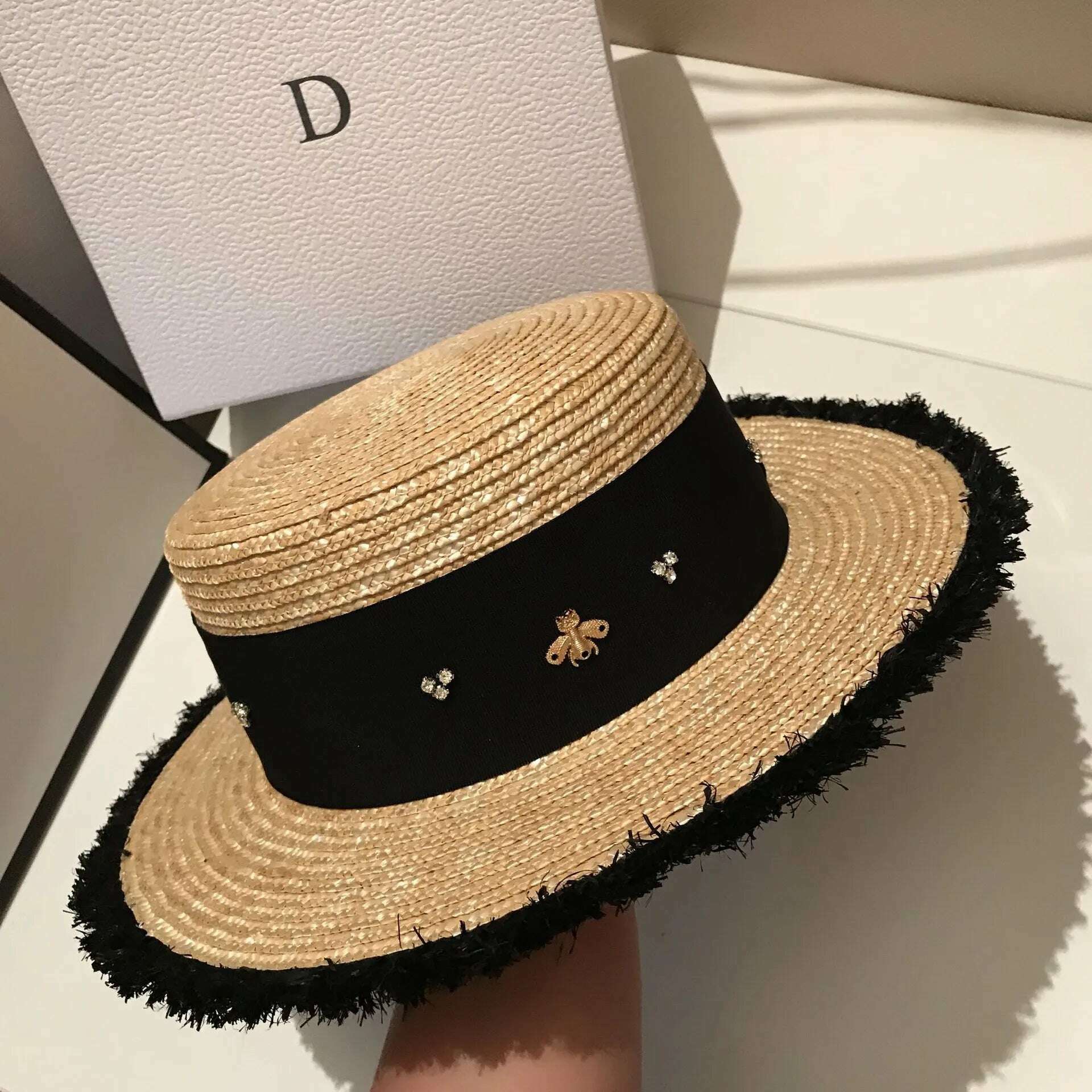 KIMLUD, Ladies Sun Fedora Hats Small Bee Straw Hat European And American Retro Hat Female Sunshade Flat Cap Visors Hat, KIMLUD Womens Clothes
