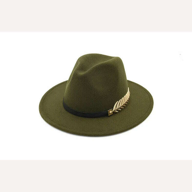 KIMLUD, Ladies Wool Fedora Warm Jazz Hat Chapeau Femme feutre Panaman cap Felt Women Fedora Hats with Pearls Belt Vintage Trilby Caps, Army Green / XXL, KIMLUD Womens Clothes