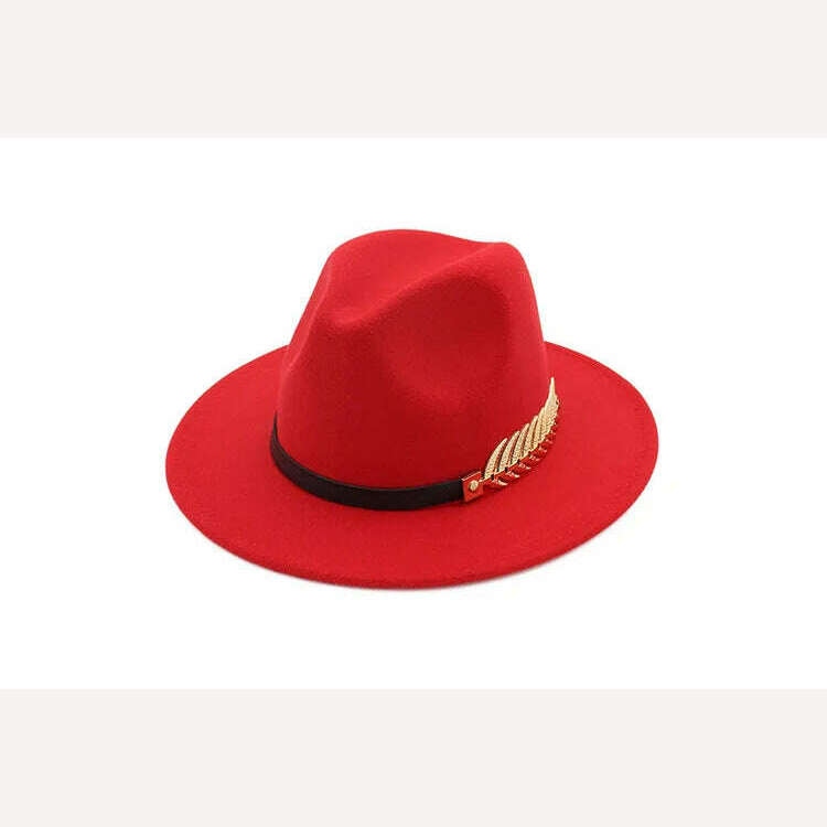 KIMLUD, Ladies Wool Fedora Warm Jazz Hat Chapeau Femme feutre Panaman cap Felt Women Fedora Hats with Pearls Belt Vintage Trilby Caps, Red / XXL, KIMLUD Women's Clothes