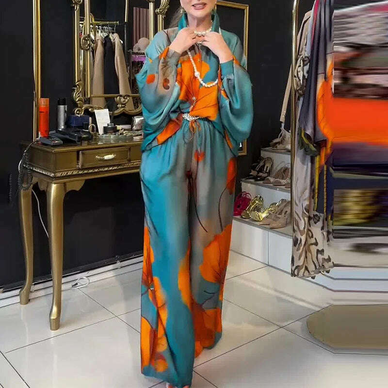 KIMLUD, Lady Commute Two Piece 2025 Spring Summer Floral Print Office Set Women Fashion Button Long Sleeve Blouse Top+Wide Leg Pant Set, KIMLUD Womens Clothes