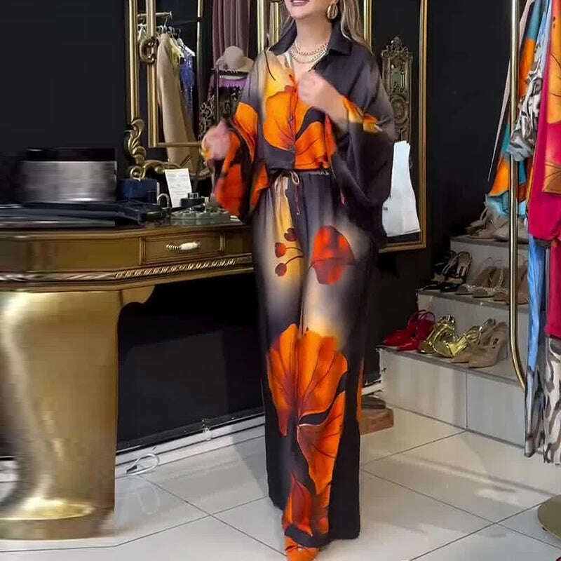 KIMLUD, Lady Commute Two Piece 2025 Spring Summer Floral Print Office Set Women Fashion Button Long Sleeve Blouse Top+Wide Leg Pant Set, KIMLUD Womens Clothes