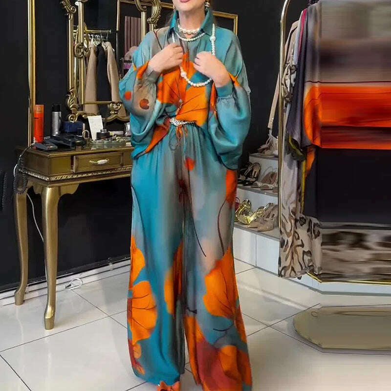 KIMLUD, Lady Commute Two Piece 2025 Spring Summer Floral Print Office Set Women Fashion Button Long Sleeve Blouse Top+Wide Leg Pant Set, KIMLUD Womens Clothes