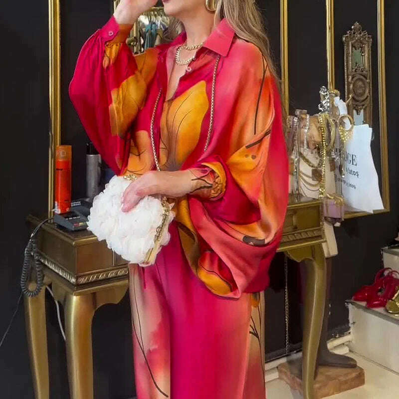 KIMLUD, Lady Commute Two Piece 2025 Spring Summer Floral Print Office Set Women Fashion Button Long Sleeve Blouse Top+Wide Leg Pant Set, KIMLUD Womens Clothes