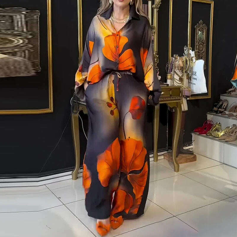 KIMLUD, Lady Commute Two Piece 2025 Spring Summer Floral Print Office Set Women Fashion Button Long Sleeve Blouse Top+Wide Leg Pant Set, 01 Black / S, KIMLUD APPAREL - Womens Clothes