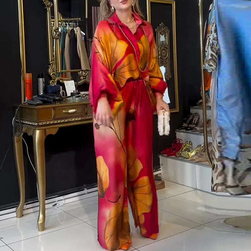 KIMLUD, Lady Commute Two Piece 2025 Spring Summer Floral Print Office Set Women Fashion Button Long Sleeve Blouse Top+Wide Leg Pant Set, 03 Red / XXXL, KIMLUD APPAREL - Womens Clothes