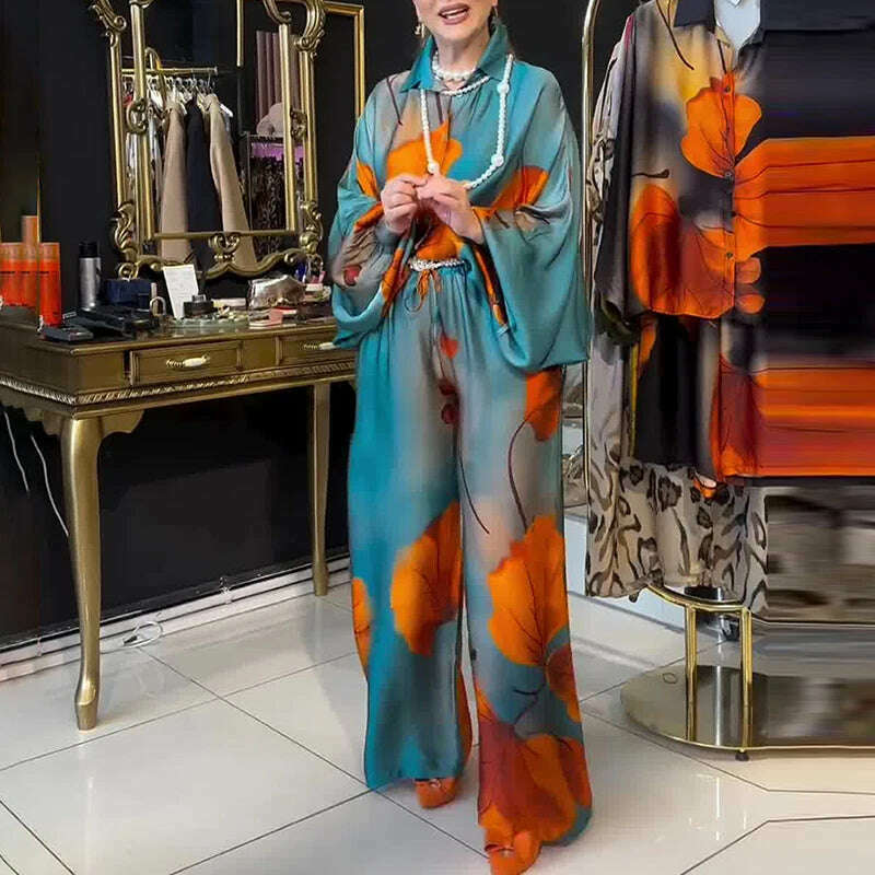 KIMLUD, Lady Commute Two Piece 2025 Spring Summer Floral Print Office Set Women Fashion Button Long Sleeve Blouse Top+Wide Leg Pant Set, 02 Peacock Blue / XXL, KIMLUD APPAREL - Womens Clothes